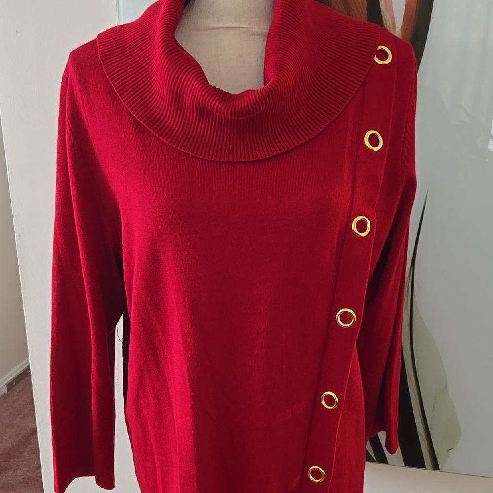 Chic Red Cowl Neck Sweater with Gold Grommet Accents